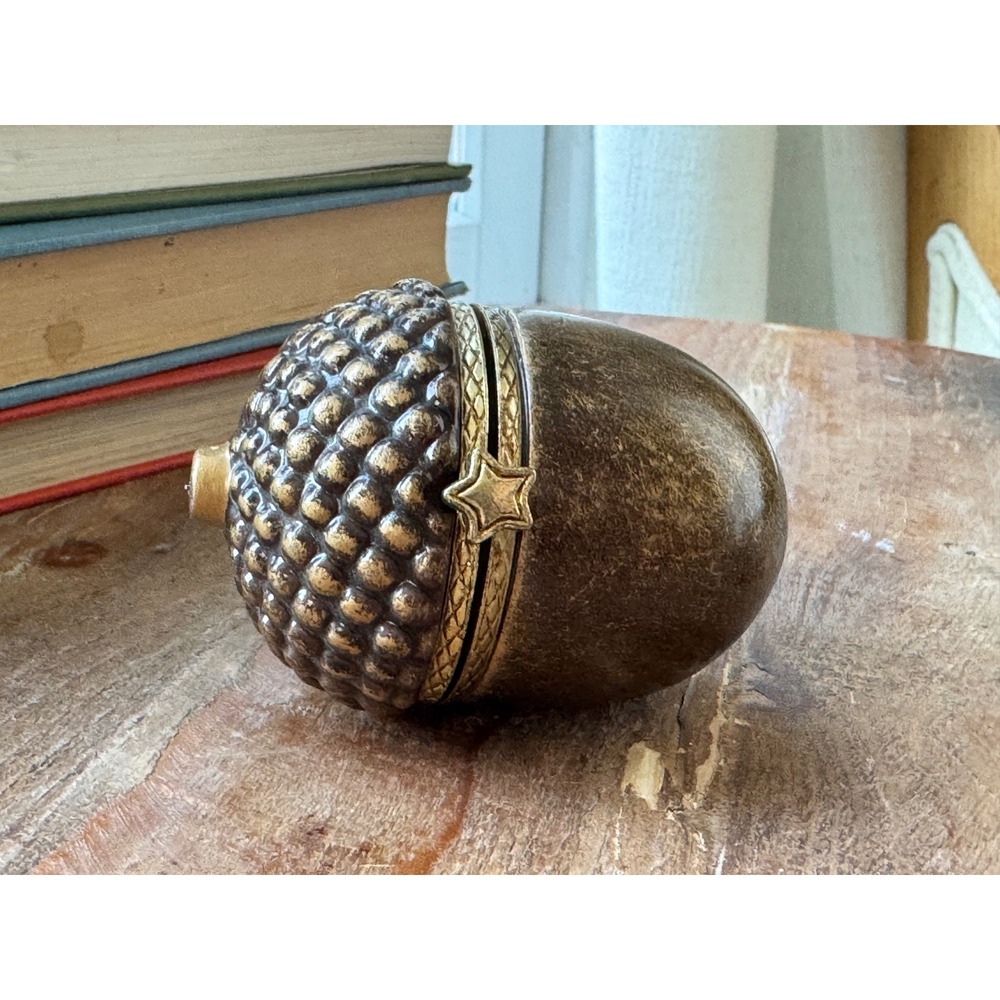 Vintage Acorn Trinket Box Hinged Porcelain Bronze Gold Star Clasp Pill Box